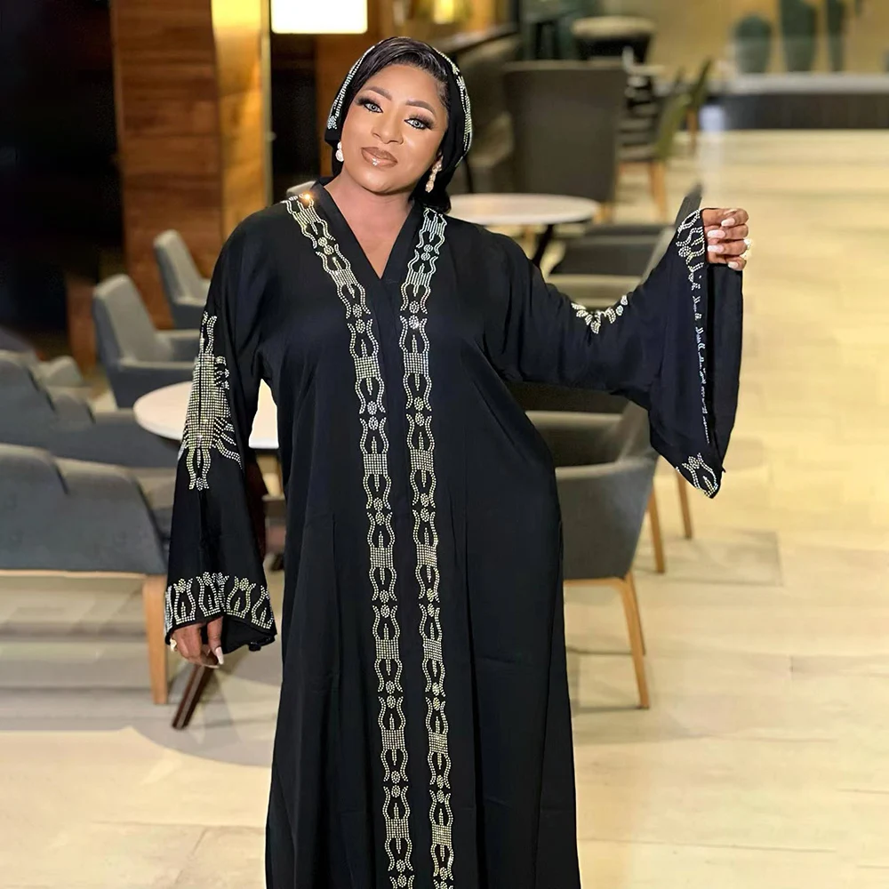 

African Muslim robe fashionable elegant dress V-neck luxury front and back diamond horn sleeve