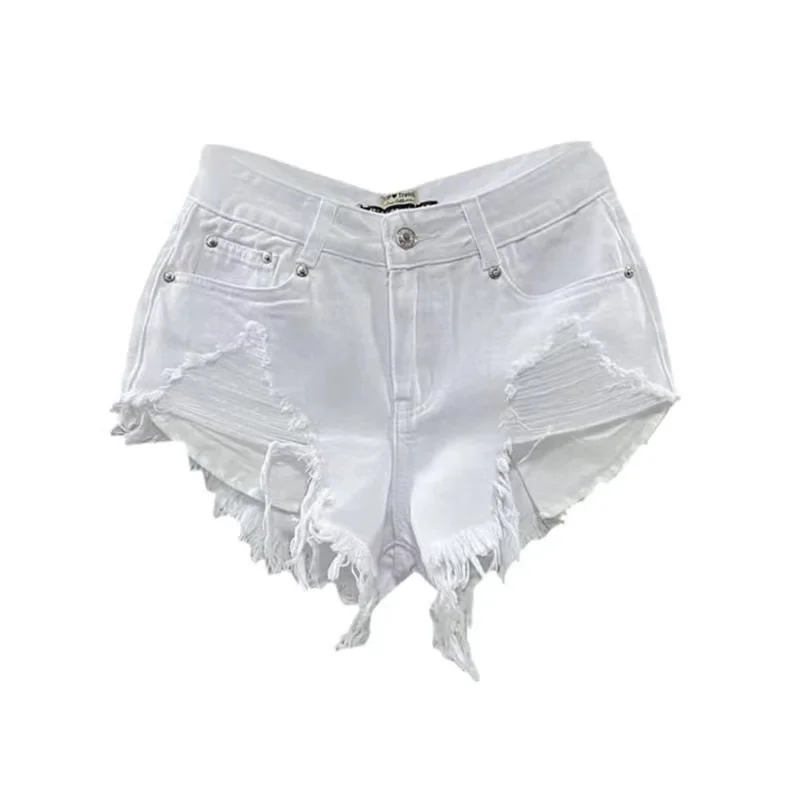 

2024 New Fashion Korean White Jeans Hole Ripped Low Waist Denim Shorts Women шорты женский