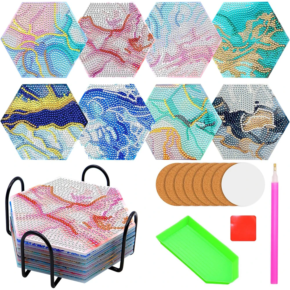 

8PCS Diamond Painting Coasters with Holder DIY Marble Cup Coasters Diamond Art Kits Shining Drink Cup Mat with Tool Accessories
