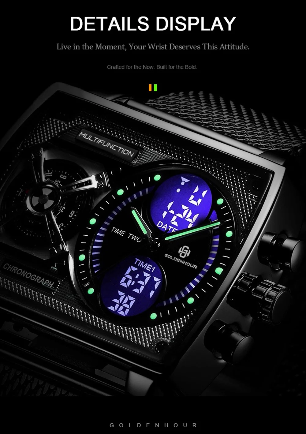 GOLDENHOUR Luxury Black Men’s Industrial LED Digital-Analog Waterproof Luminous Quartz Wristwatch