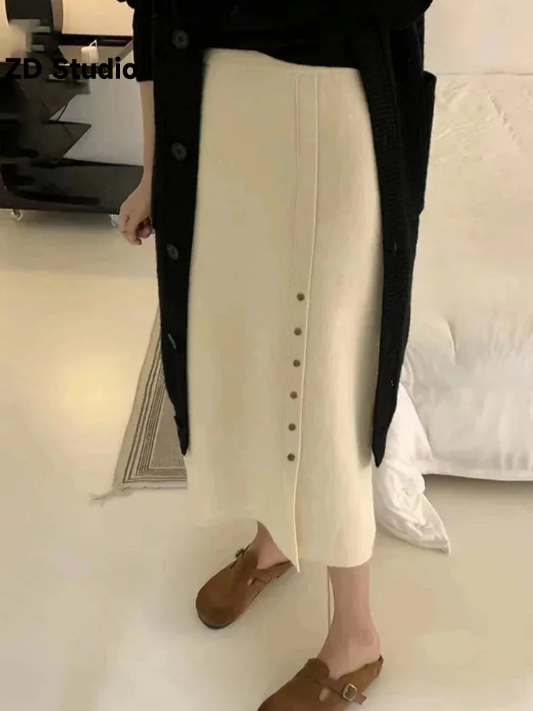 

[ZD Studio] 2024 Spring New Knitted Skirt Women High Waist Split Design Slim Mid Length Skirts Fashion Female Clothing