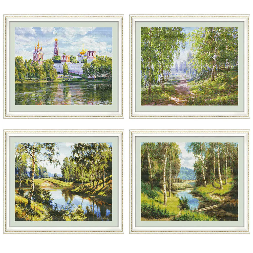Cross Stitch Tree Lake Needlework Sets 14CT 40x50cm For DIY Home Decoration
