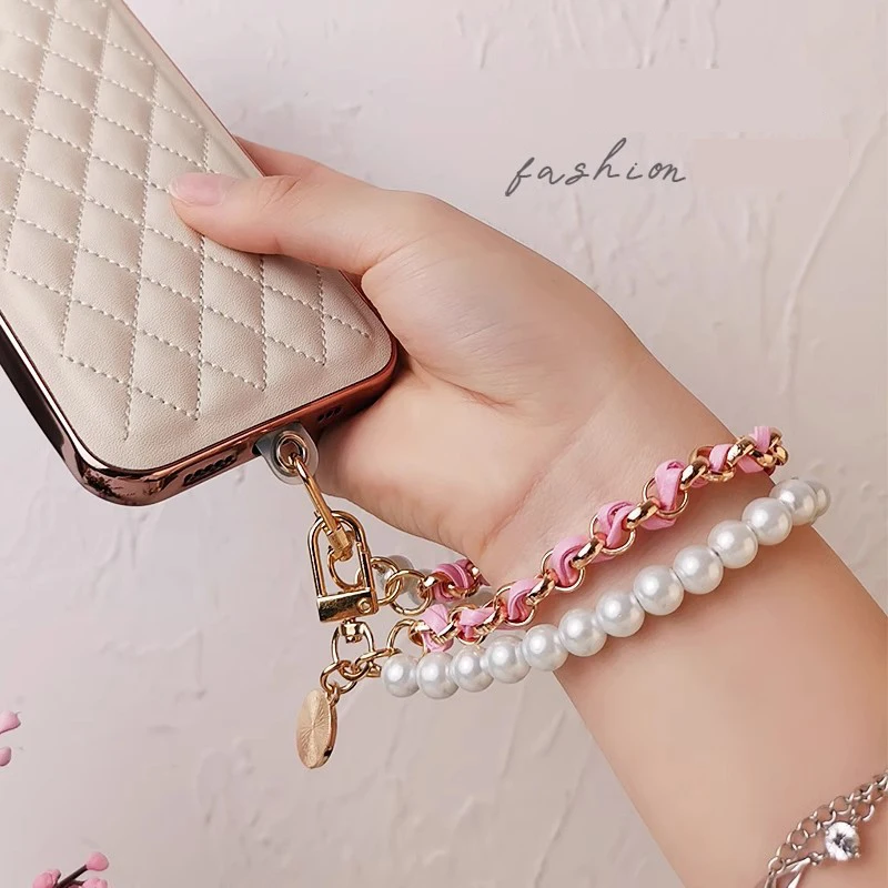 Pearl & Leather Hand-Woven Mobile Wrist Lanyard with Flower Pendant