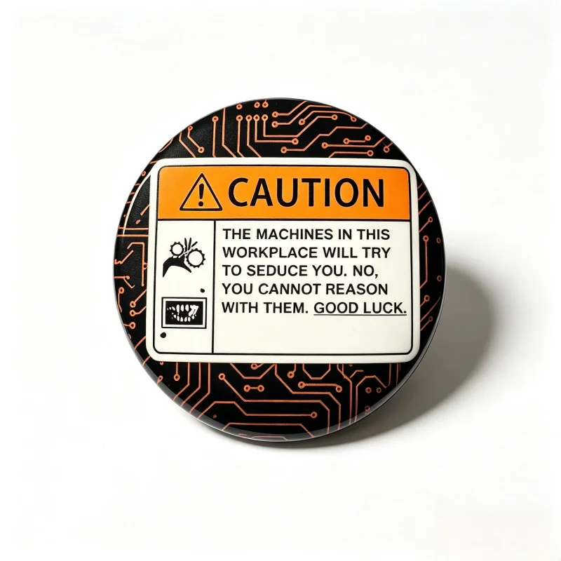 Spilla Decorativa Divertente con Avvertenza per Amanti dei Robot - Badge Artistico Objectum - Regalo Unico e Originale per i Fan dei Robot - Spilla da Collezione - immagine 3