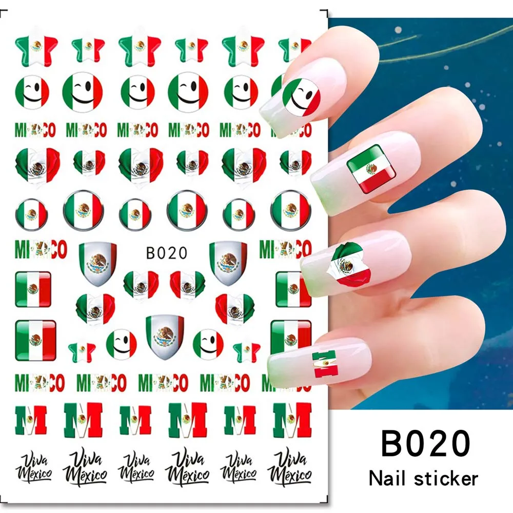 1Pcs Mexico USA Flag Nail Art Stickers American Independence Day National Mexican Butterfly Heart Flame Series Nail Decal Slider 6