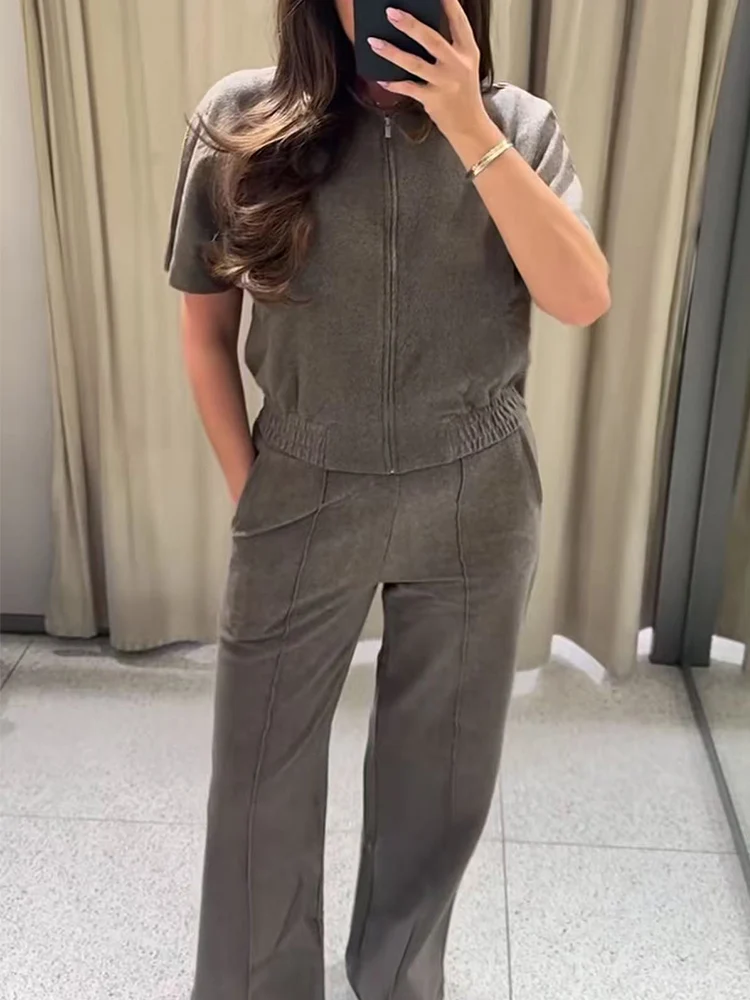 Autumn Women Straight Pants 2-Piece Set Short Sleeve Lapel Zipper Tank Tops Elastic Waist Wide-leg Pockets Pants Chic Outfits