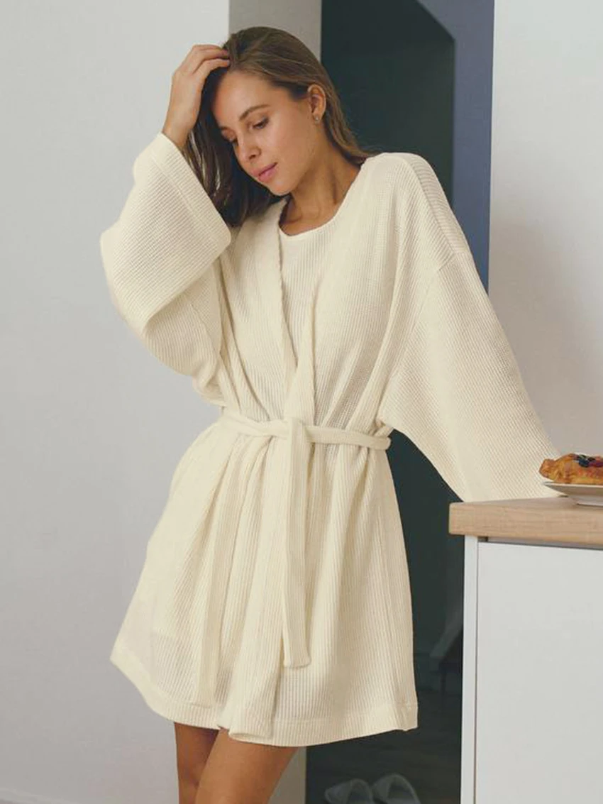 Marthaqiqi Home Clothes For Women Sexy V-Neck Sleepwear Long Sleeve Bathrobe Lace Up Robe Mini Dress Winter Casual Ladies Female