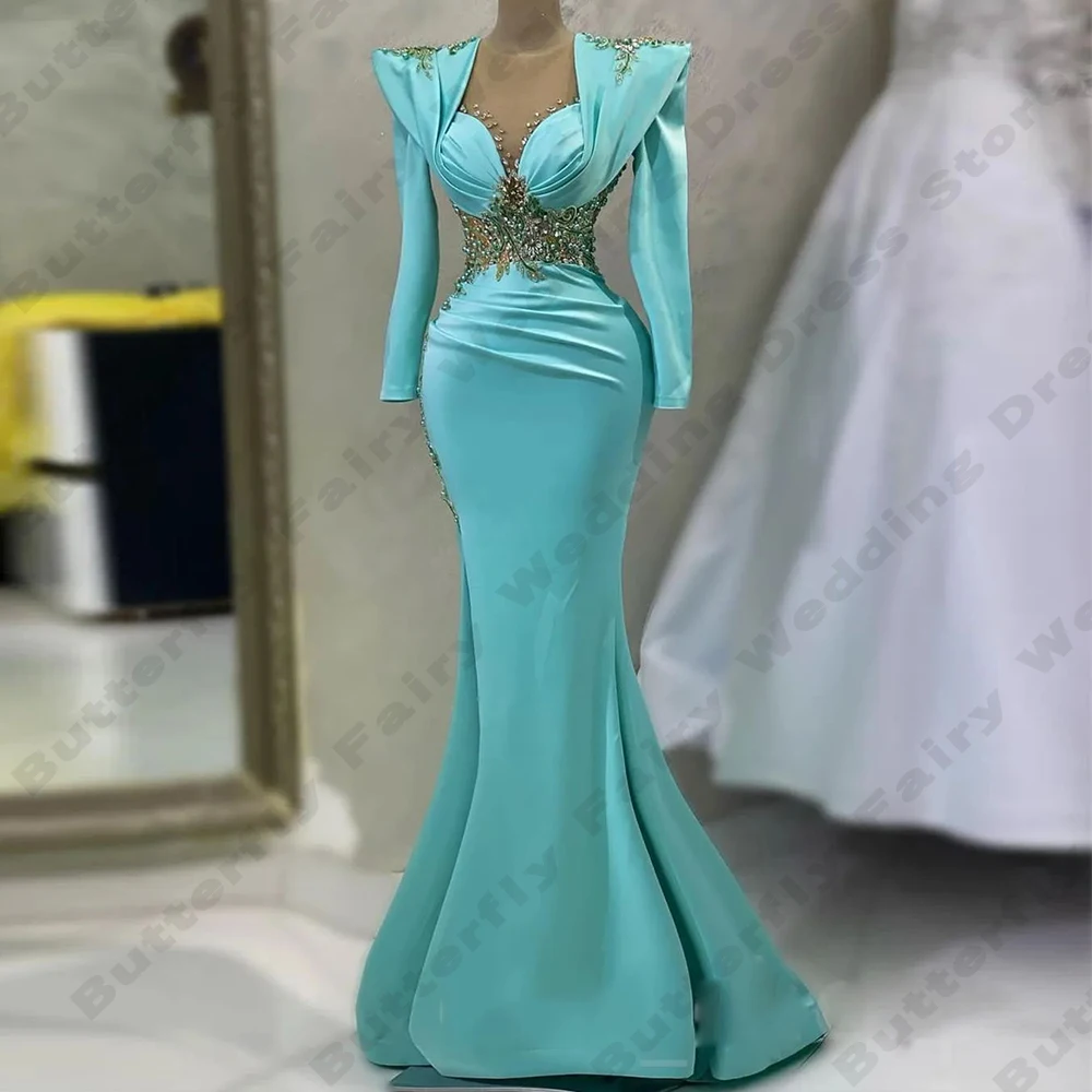 Gorgeous Women's Evening Dresses Mermaid Satin Bead String Arab Dubai Elegant Long Sleeved Princess Prom Gowns Vestidos De Noche