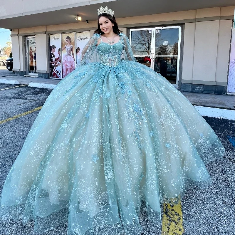 

2024 Aqua Blue Sparkly Speciaal Quinceanera Dresses Applique Bow With Cape 16 Year Girls Floral Lace-Up Prom Party Gown Vestidos