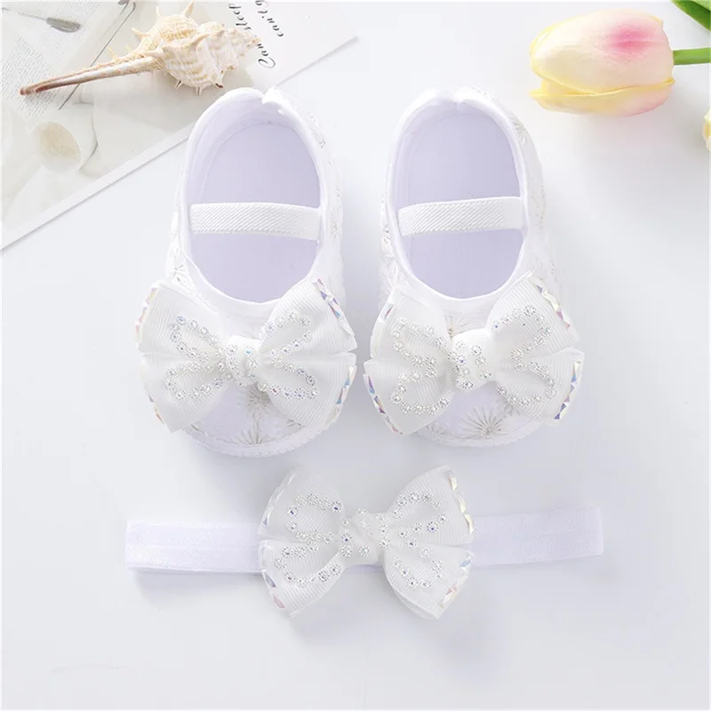 Infant Girls Sparkly Glitter Mary Jane Shoes Bow Matching Headband Set For Dressy Occasions Photoshoots