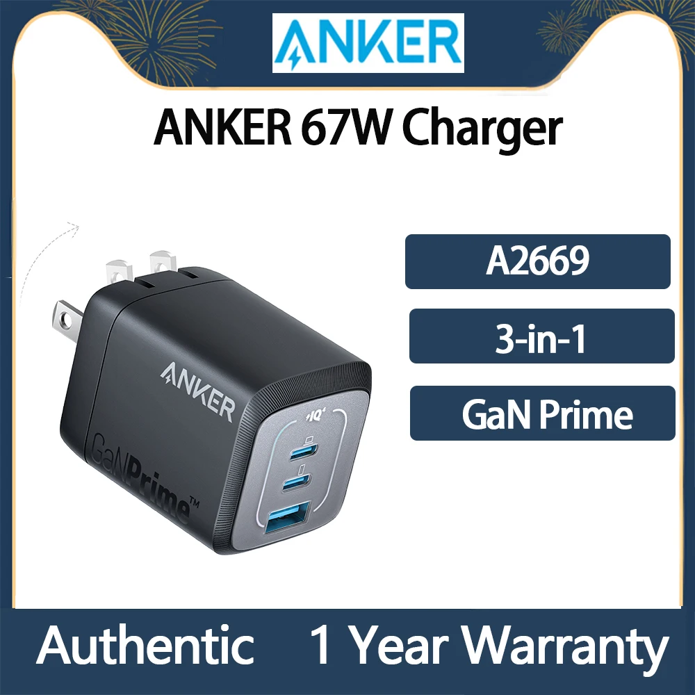 

Original Anker Prime GaN 67W A2669 Multi Port Charger USB C Compact Plug TypeC Fast Charging Suitable For MacBook Laptops Phones