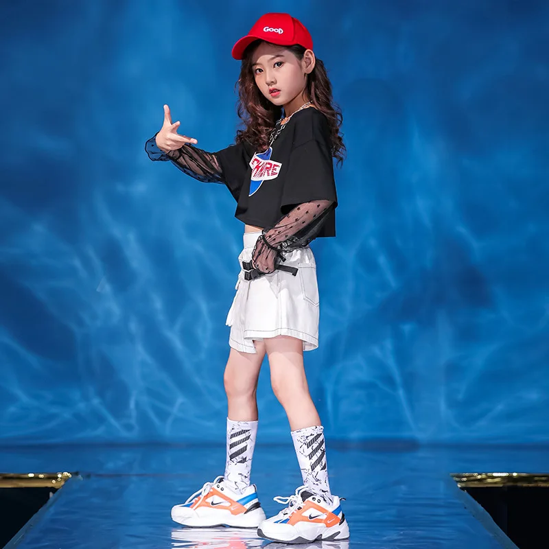 

Hip Hop Girls Lace Sweatshirt Mini culottes Kids Jazz Crop Top Pantskirt Child skirt Clothes Sets Stage Street Dance Costumes