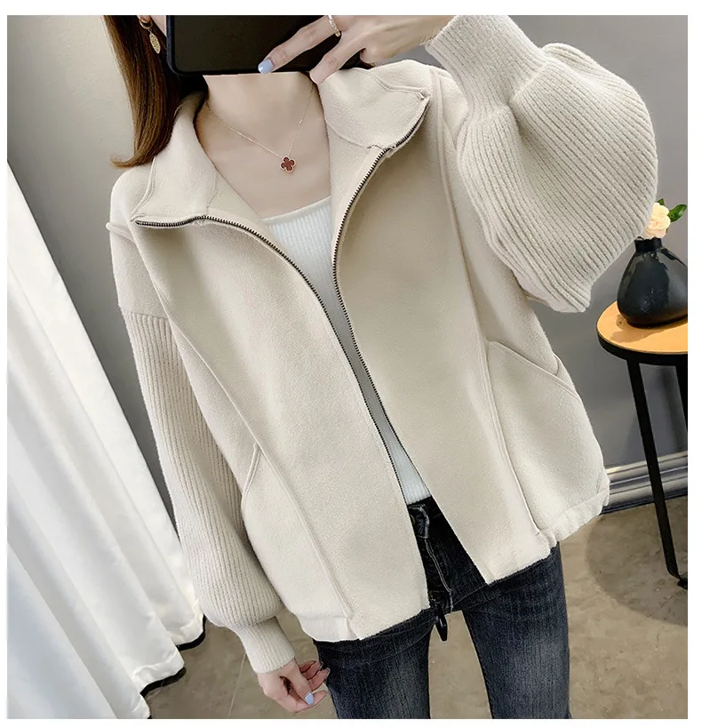 

2023 Autumn and Winter New Coat Women's Korean Version Loose Knitted Double Faced Imitation Short Woolen Small Cardigan Zipper T