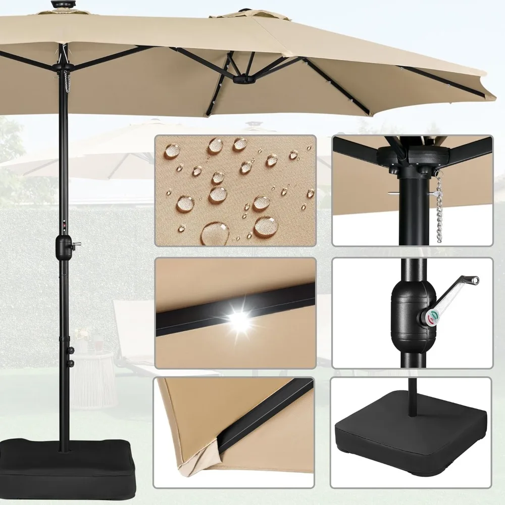 15 ft Large Patio Umbrella, Solar Lights Double-Sided Outdoor Rectangle Market Umbrellas with 36 LED Lights/Base Included/Crank 3