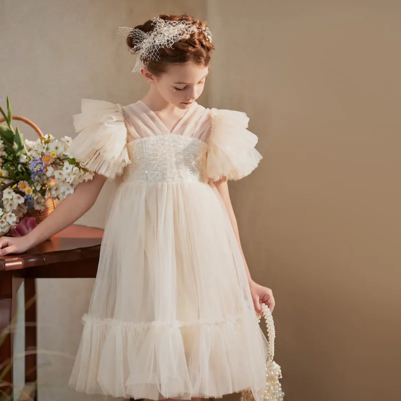 Summer Hot Sale Girls Champagne White Wedding Party Dresses Fashion Mesh Ruffle Sleeve Costume for Baby 4 5 7 9 11Years Old