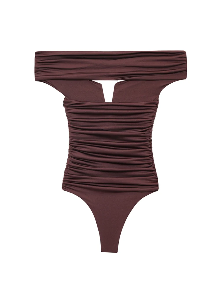 TFMLN 2025 New Women's Bodysuit Sexy Sleeveless Ruched Skinny Slash Neck Bodycon Elegant Tops Fashion Streetwear Outfit Summer