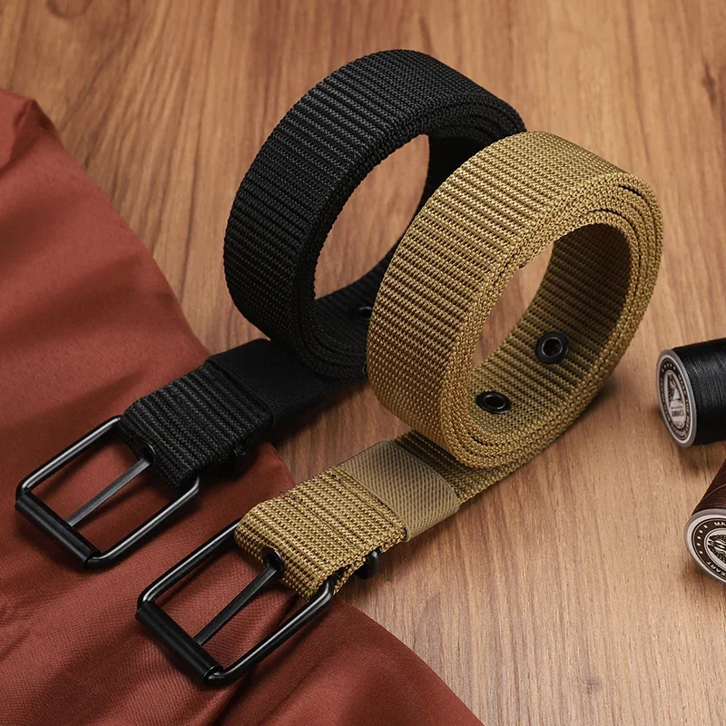 Men's Belt Porous Canvas Pin Buckle Leather Belt Outdoor Sports Belt Women's Trendy Eyelet Belt with Jeans Belt for Men Women