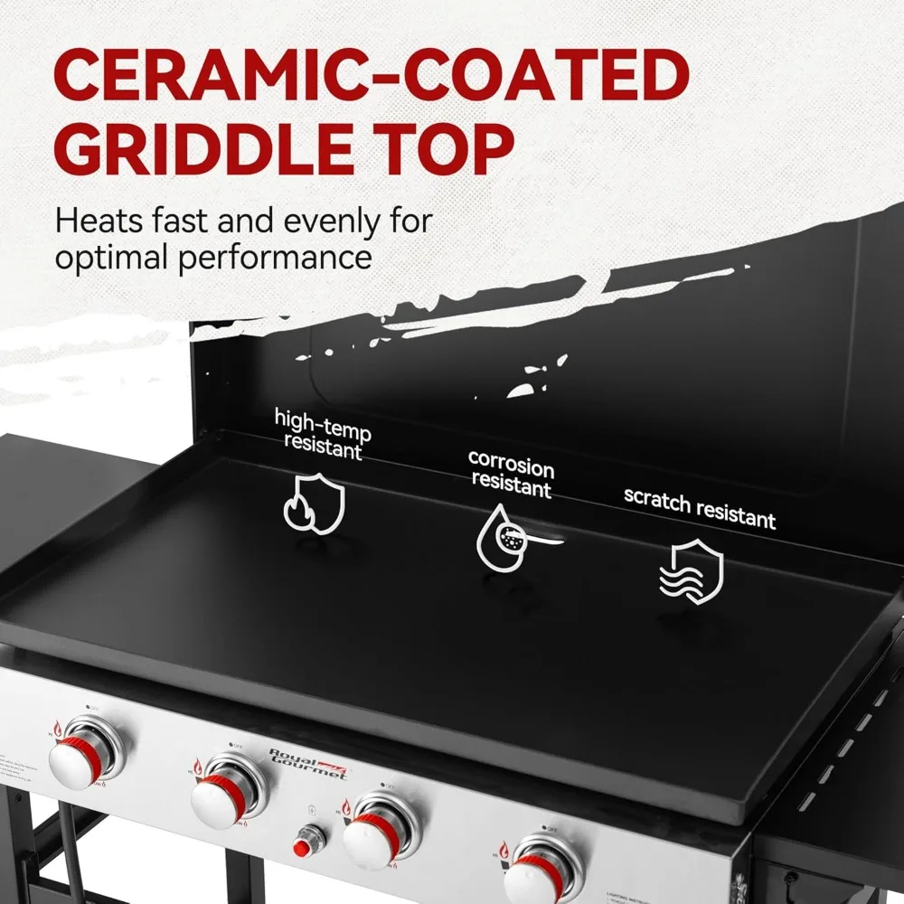 4-Burner Propane Gas Griddle with Hood 36-In Flat Top Grill with Folding Side Shelves for Outdoor Cooking Camping or Tailgating 4