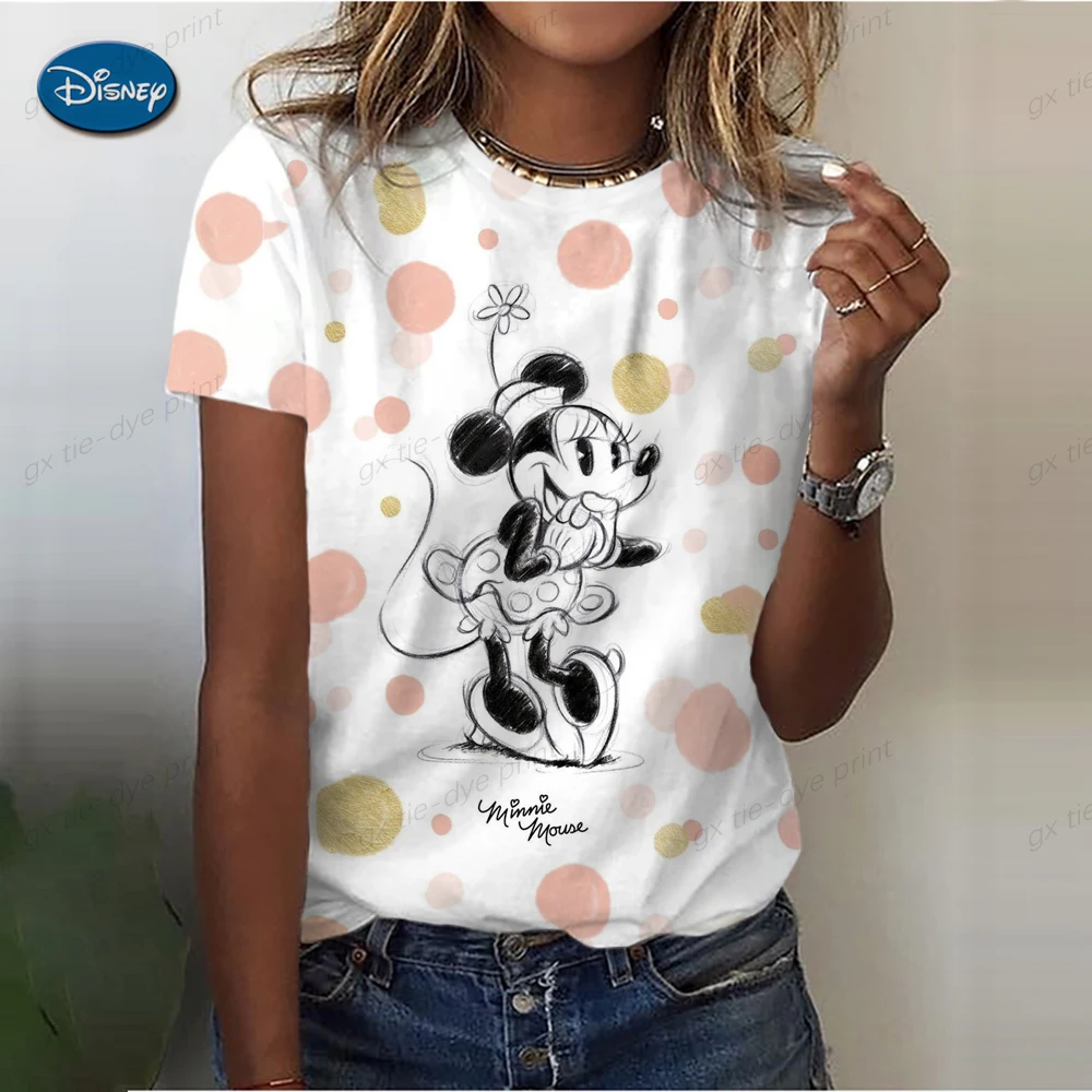 

2023 Disney Minnie Mickey Mouse Print Women's T-Shirts Harajuku Cartoon T Shirts Summer Short Sleeve Parent-child T-shirt