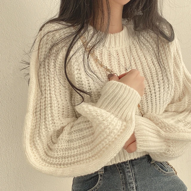 Sweet Women Knitted Sweater 2022 Loose Simple O-neck Long Sleeve