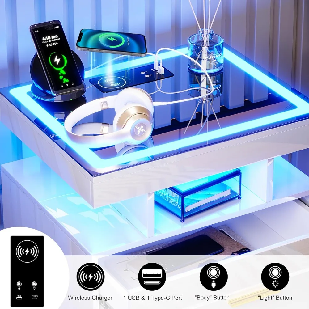 LED Nightstands 2 Storage Drawers Smart Night Stand Auto Sensor Lights Modern Bed Side Table Charging Station