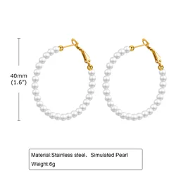 Elegant Pearl Hoop Earrings for Women - Lightweight Stainless Steel Huggies (40mm)