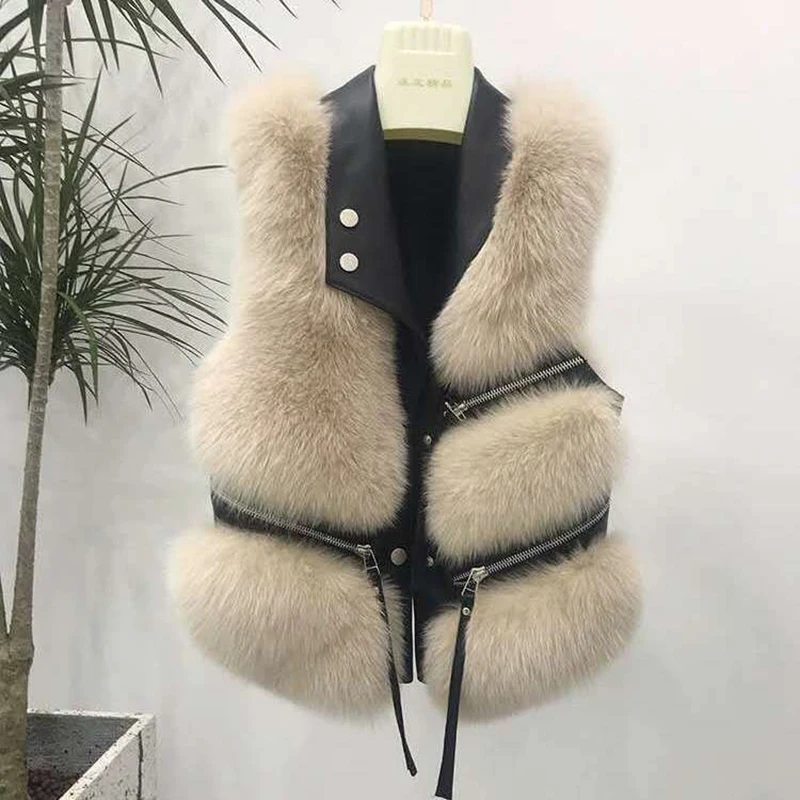 

2023 New Fox Fur Vest Coat Womens Faux Fur Waistcoat Fashion Slim Fur Jacket Chic Sleeveless Faux Fox Fur Vests Jacket