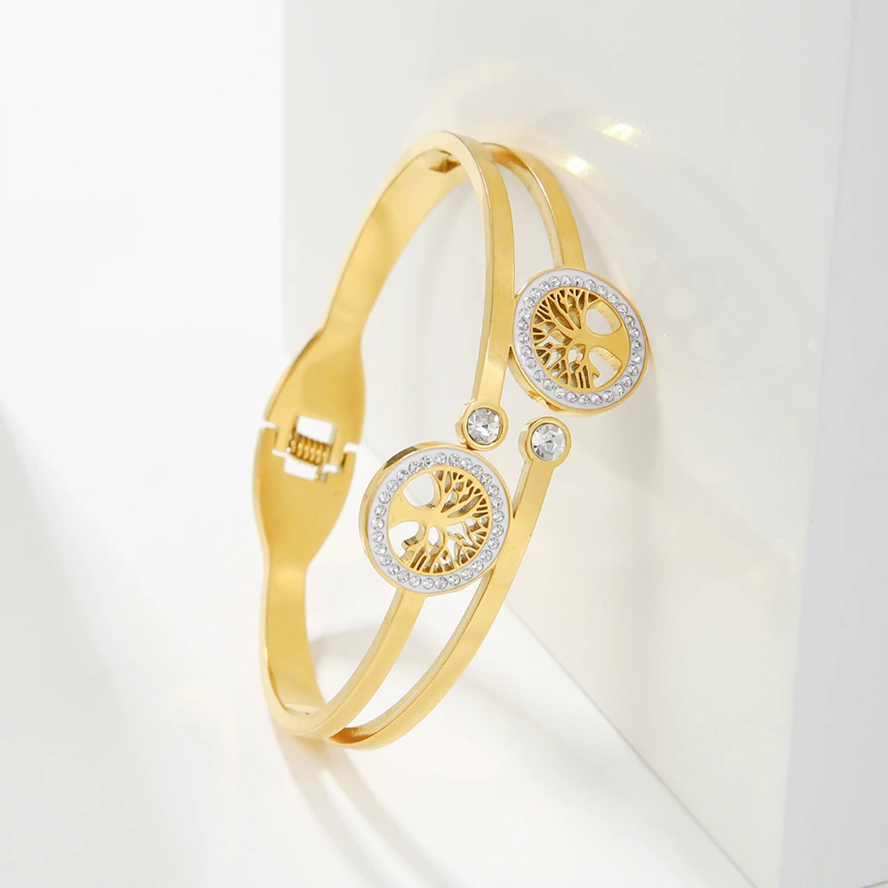 Boho Trend Life Tree Charm Bangle for Women No Fade Color Stainless Steel Cubic Zircon Bangles Luxury Gift Cuff Jewelry 3