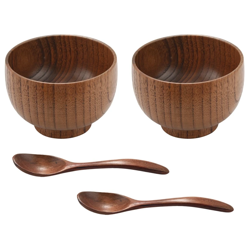 

4 Pieces Wooden Handmade Bowl And Spoon For For Rice Miso Serving Home Kitchen Tableware