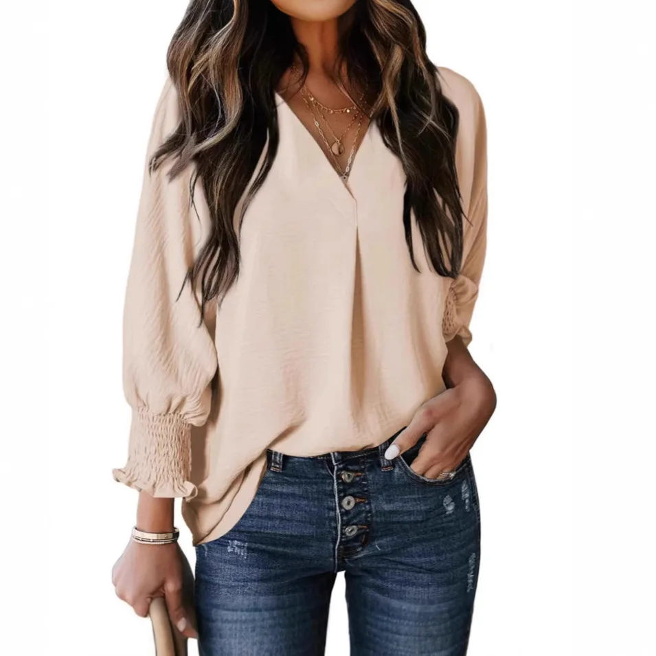 Women Solid Color V Neck Blouse Shirt Summer Workwear