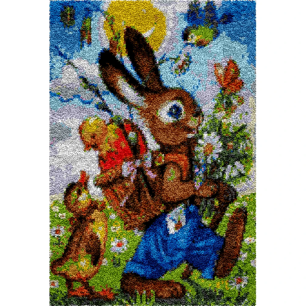 Large Size Latch Hook Rug Kits Preprinted Canvas Rabbit Pattern Knotted Carpet Kit Embroidered Tapesty Home Decoration