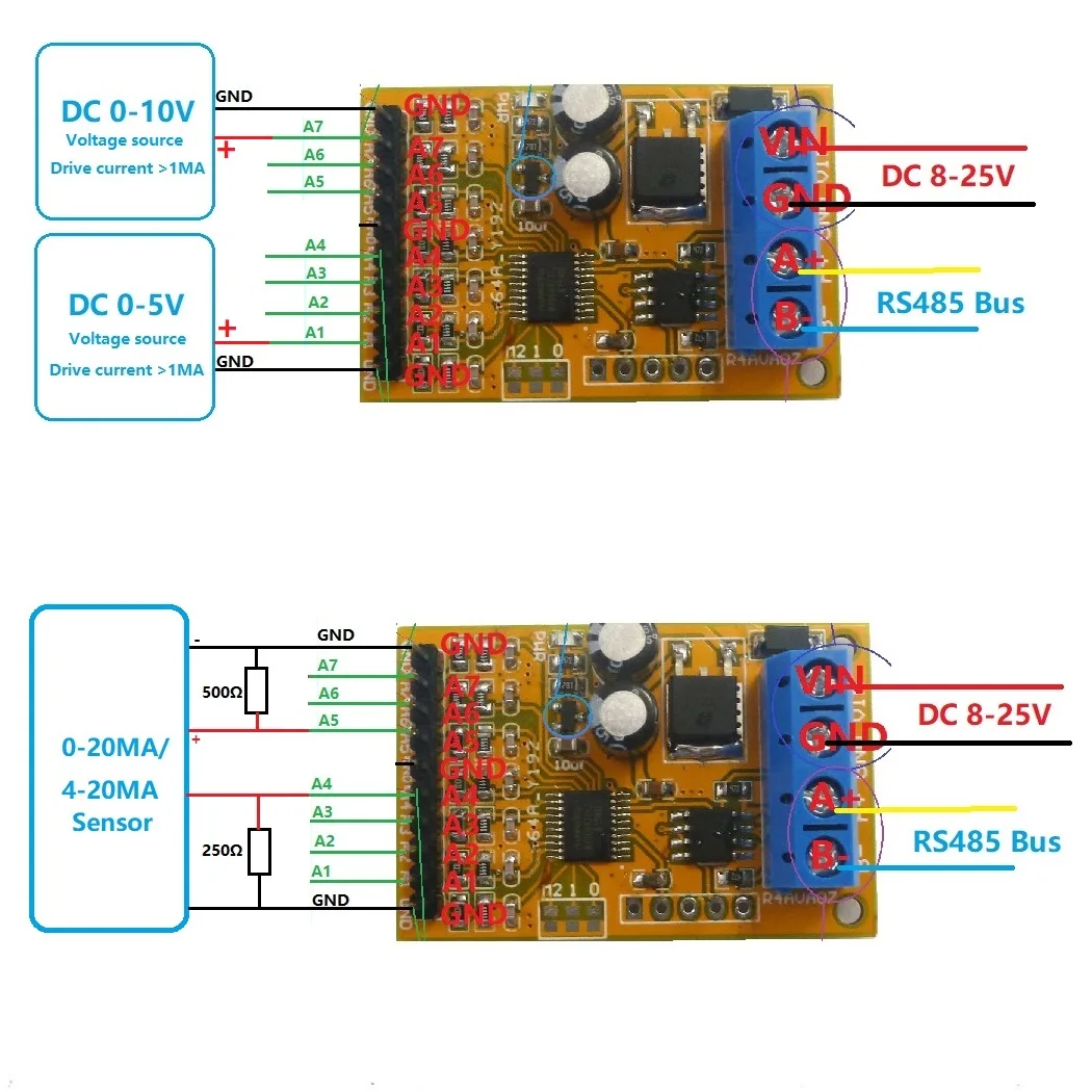 

5V 10V 7ch Analog Voltage acquisition Sampler RS485 ModBus RTU Module for PLC Oscilloscope ADC 4-20ma Board Arduino