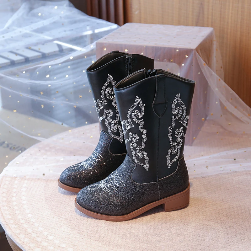 Girls Mid Calf Cowboy Boots Embroidered Floral Pattern