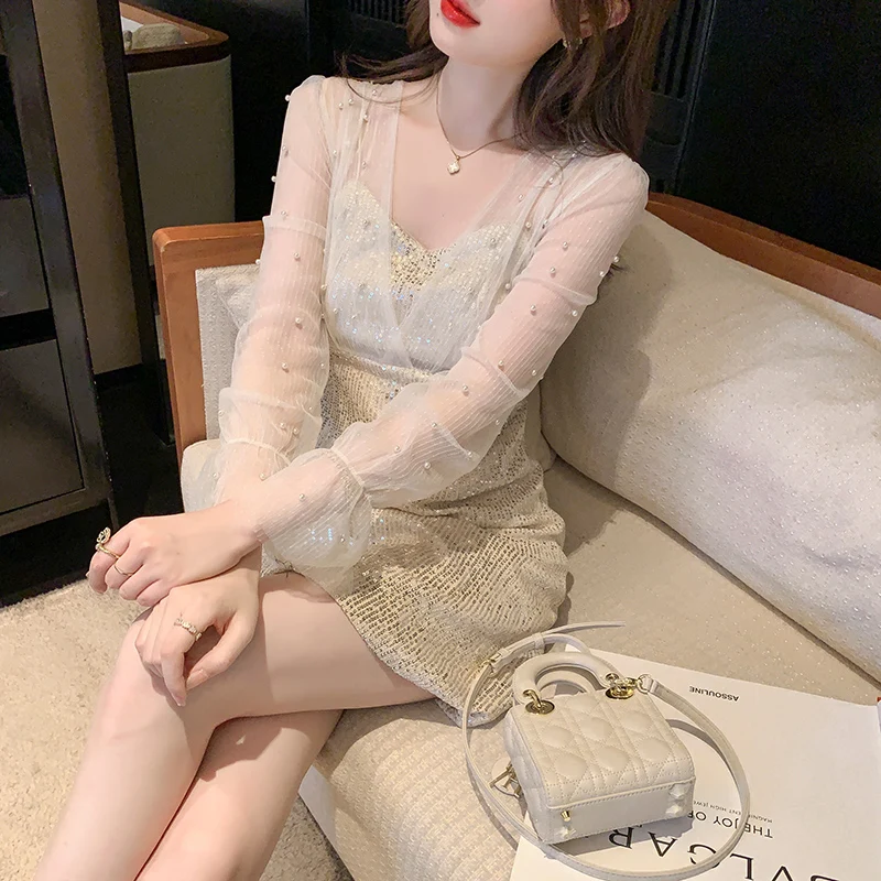 

Spring New Mesh Splice Long Sleeve Dresses for Women 2023 Vintage Spring Summer Above Knee Mini V Neck Evening Party Vestido y2k