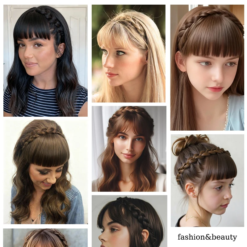 Synthetic Braided Headband with Hair Bangs Wig Blunt Bangs with Hairband Hairpiece for Girs Kids Daily Use Hair Accessories