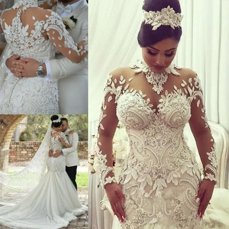 

Vestido De Novia Sexy Long Sleeve Wedding Gown Lace Dresses Brand Mermaid High-Neck Bridal Gowns Robe Mariage