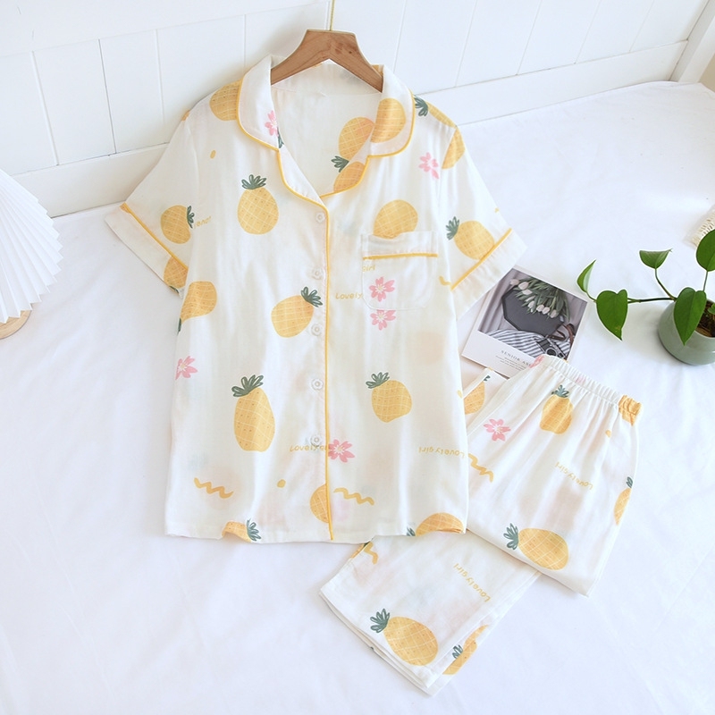 Women's Cotton Cute Cartoon Fruits Flowers Print Pajama Set Lapel Top And Pants Comfortable Relaxed Fit For Summer Homewear