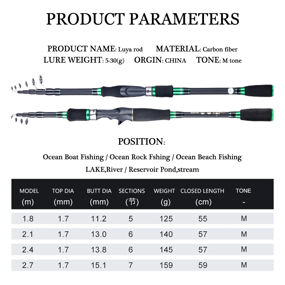 Siechi-スピニングフィッシングロッド,1.8m 2.1m 2.4m 2.7m,カーボン