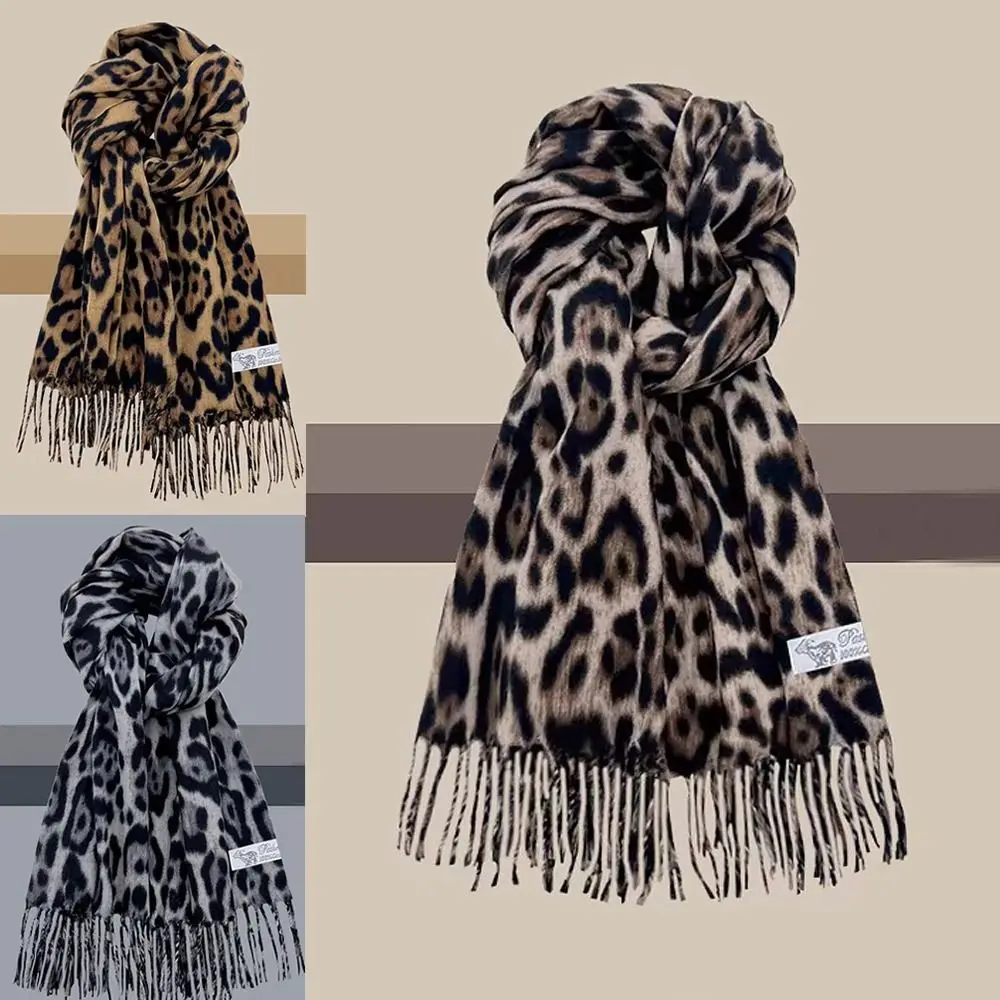 Fashion Leopard Tassels Shawl Imitation Cashmere Thickened Foulard Pashmina Hijabs Windproof Winter Warm Scarf Neck Warmer