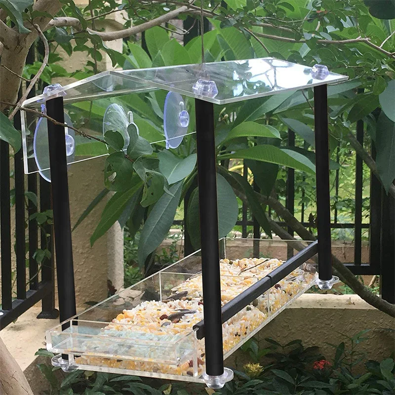 Window Bird Feeder, Large Size with Strong Suction Cups & Seed Tray, Separate Drinking-Water Sink & Wood Pillar Support, Weather