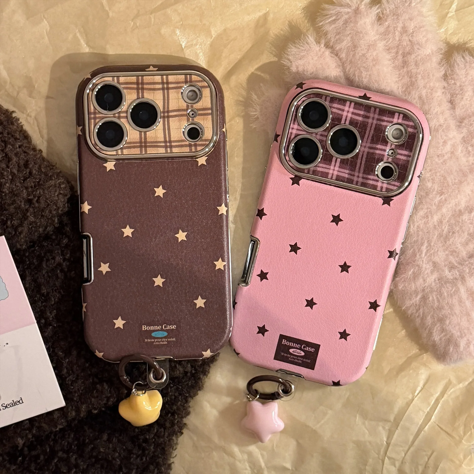 Retro Grid Pattern Stars Leather Phone Case with Pendant - Shockproof Cover