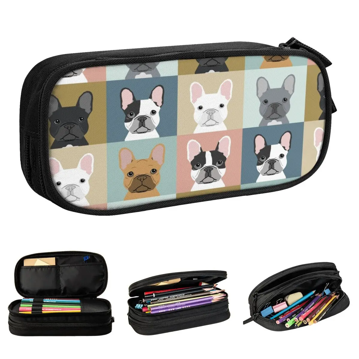 

French Bulldog Portraits Love Animal Pet Puppy Pencil Cases Pencilcases Pen Box Big Capacity Bag Office Gift Stationery