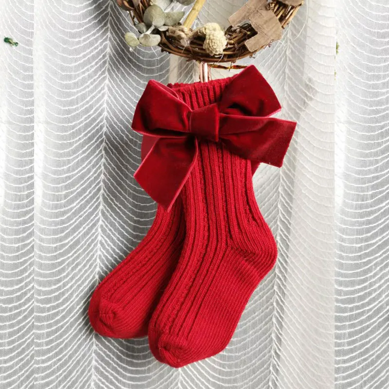 Baby Girls Christmas Socks Kids Cotton Big Bow Knee High Sock Solid Woolen Leg Warmers Girl