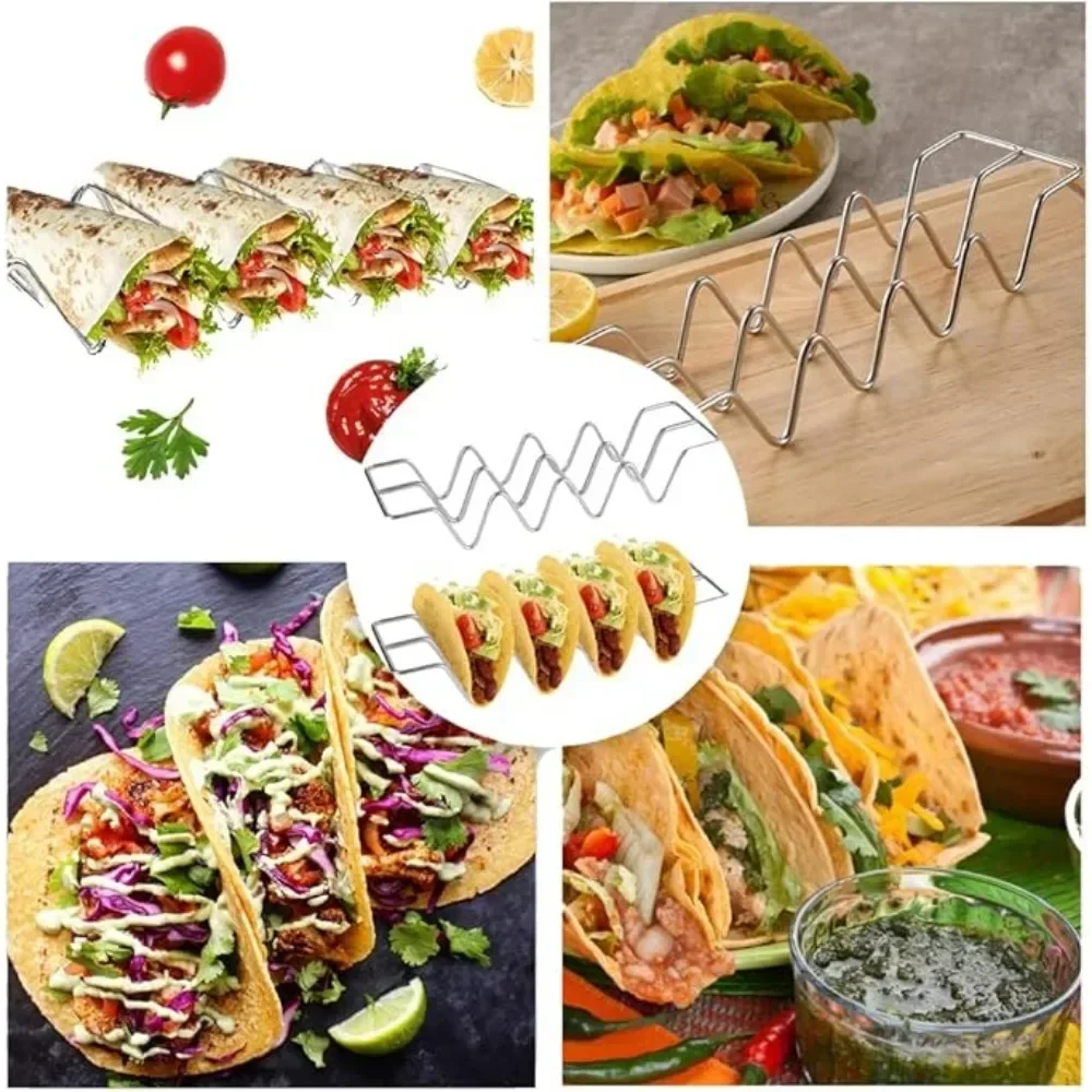 Mexican Taco Holder Stand Stainless Steel Tortilla Pancake Stand Holder Creative Wave Shape Tray Rack Kitchen Gadgets Pancake Tool Tortilla Press Taco Holder 4PCS