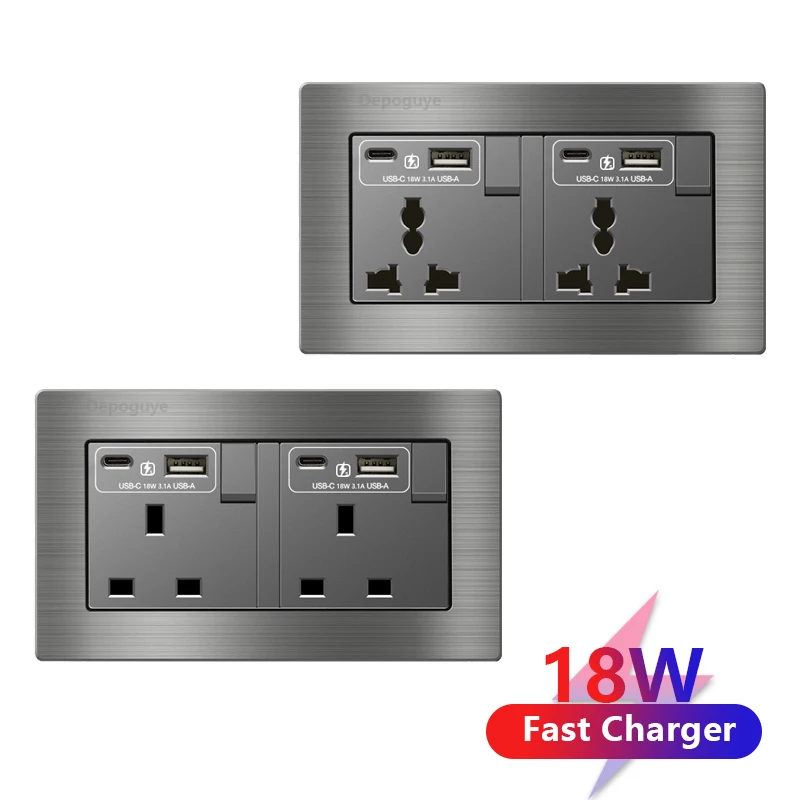 Universal 18W Type-C Fast Charging Dual Power Outlet,Brushed aluminum Uk 13A Usb Wall Socket,220V Electrical Light Switch Panel 3