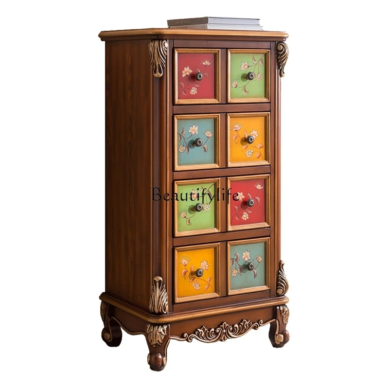 

European-Style American Bedside Table Chinese Style Entrance Solid Wood Storage Drawer Organizing Cabinet Carved