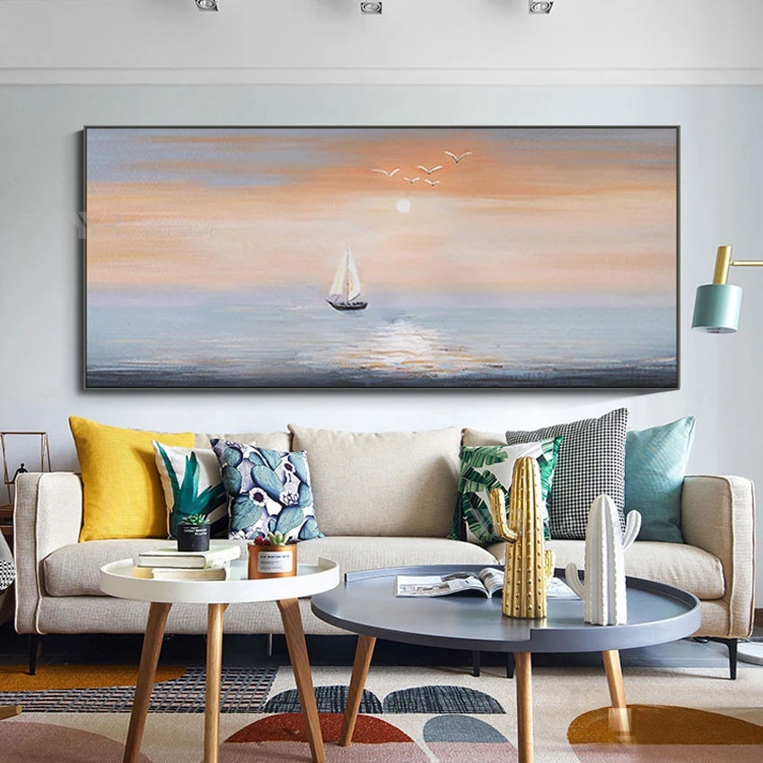 

Sunrise Landscape Sailboat On The Sea Wall Art Picture Hand Painted Oil Painting On Canvas Hang Poster For Living Room Bedroom