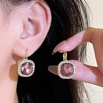 Korean Fashion Crystal Square Drop Earrings For Women Jewelry 2025 Trending New Luxury Women's Purple Zircon Earrings Pendientes