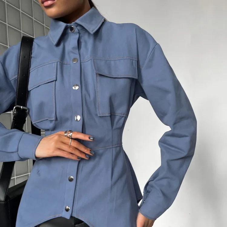 Lapel Patchwork Fashion Shirts For Women Slim Long Sleeve Pocket High Waist Autumn 2025 Cardigan Vintage Shirts Streetwear