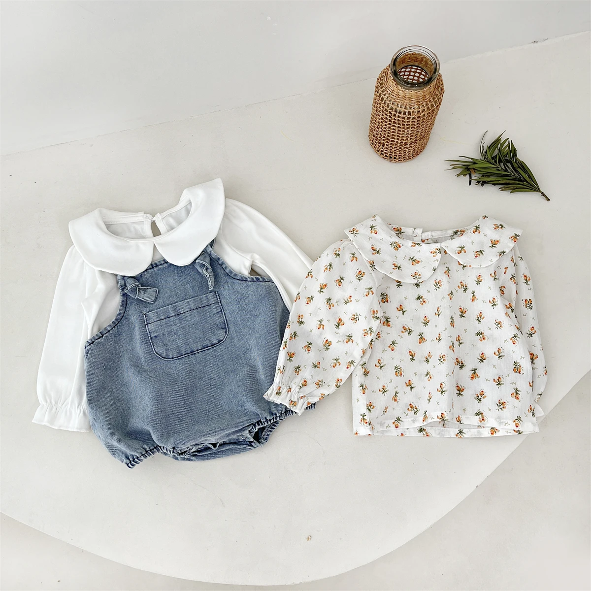 Spring And Autumn Newborn Baby Girls Baby Tee Cotton O-neck Floral Sweet Travel Solid Long-sleeved Korean Fashion Soft Casual 1